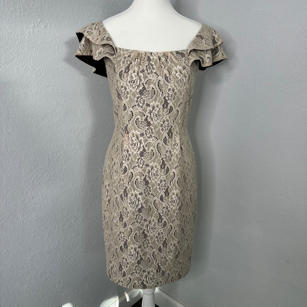 Antonio Melani Dress Size 2 Beige brown floral rose Lace Ruffle Sleeve Dress